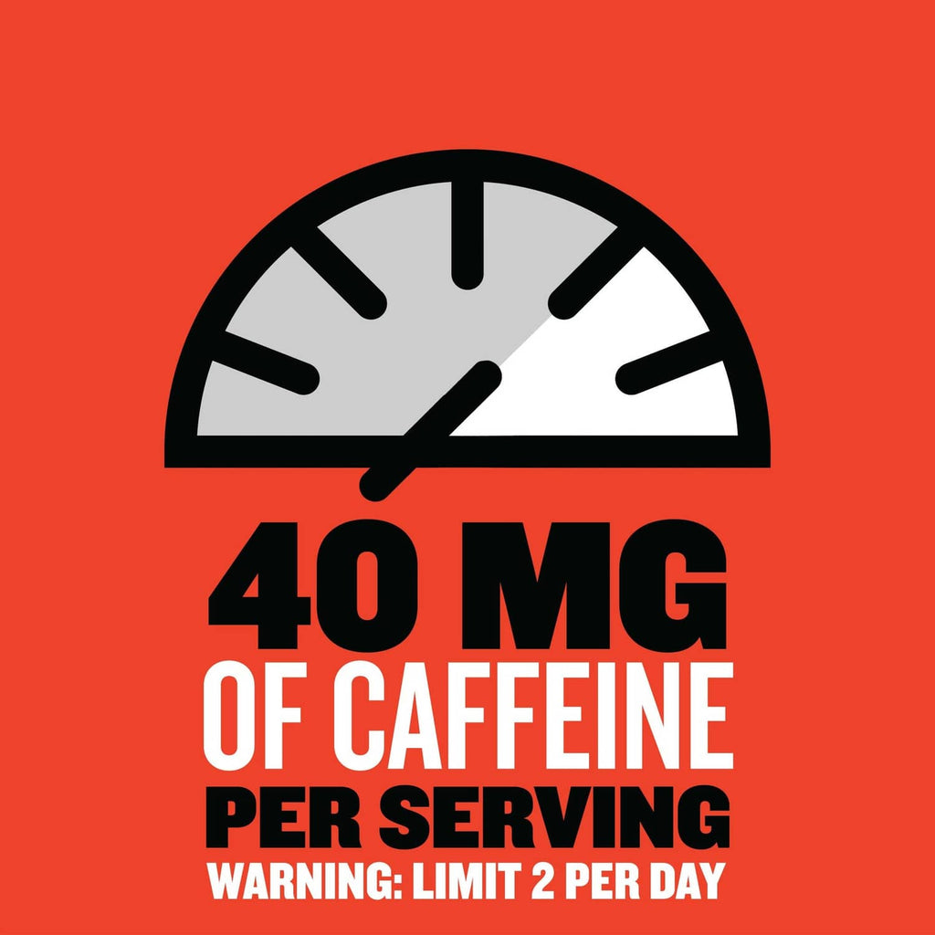 Caffeine information label showing 40 mg per serving and limit warning