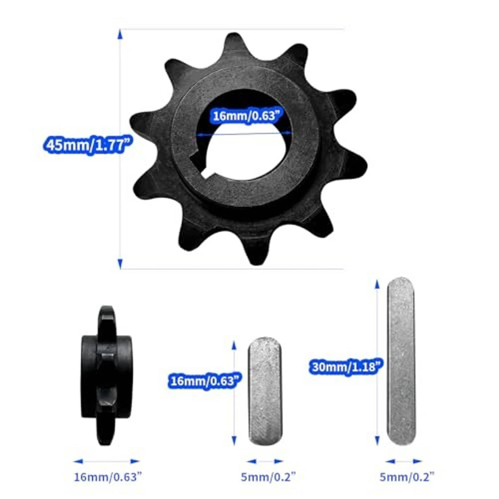 10-tooth chain sprocket with center bore, plus two metal pin spacers