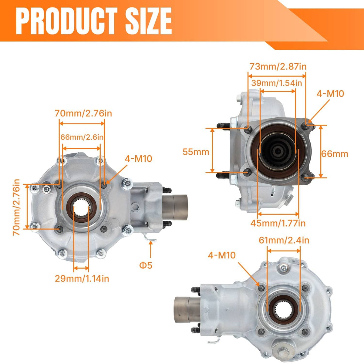 Rear differential size diagram with housing views and axle mounting dimensions
