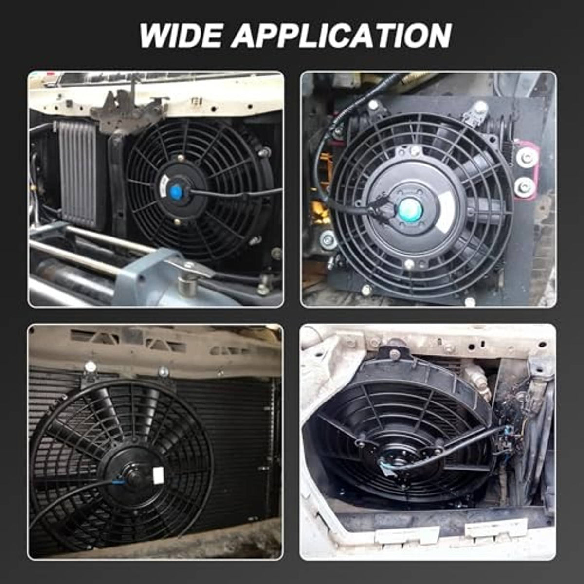 Black electric radiator cooling fan installed inside engine bay with visible mounting