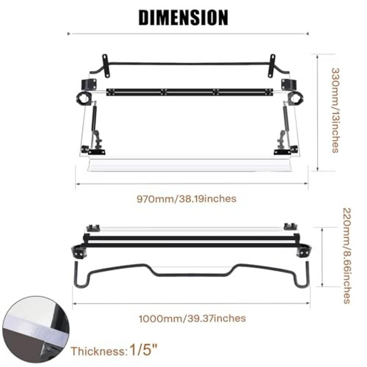 Windshield size chart showing frame dimensions, height, and panel thickness