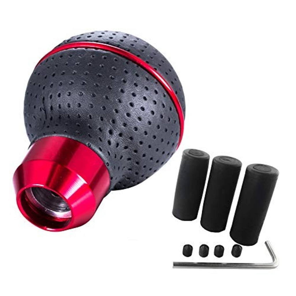 Perforated black leather 5-speed shift knob with red base, plus caps and hex key