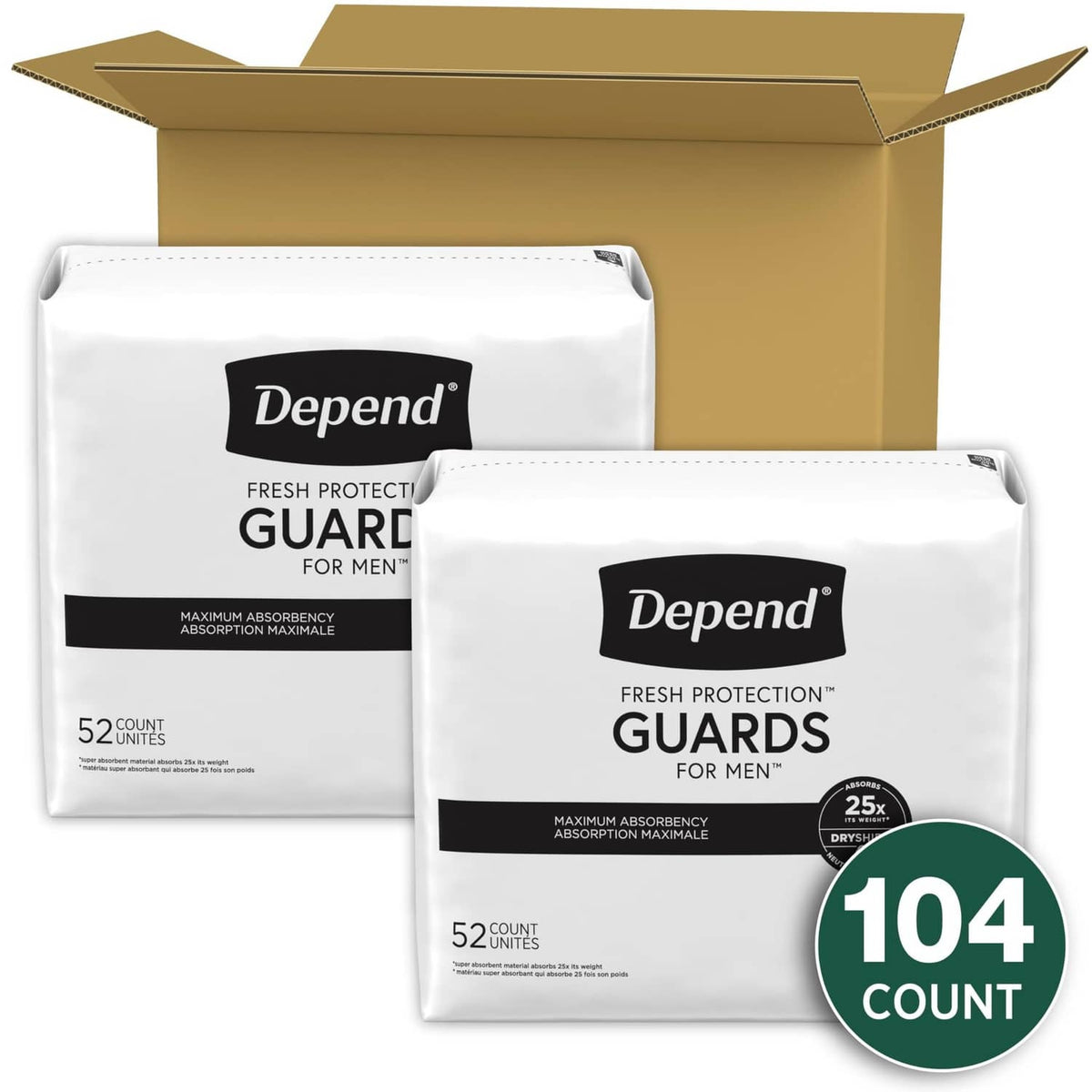 Men's bladder control guards packages, white pouches with DepenD brand and 104 count
