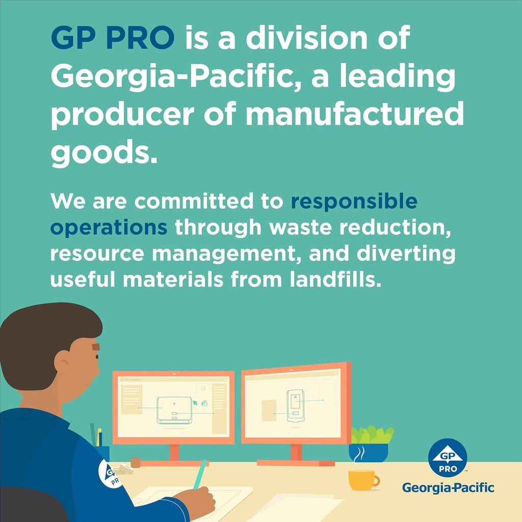 Toilet paper product branding graphic with seated agent and Georgia-Pacific info