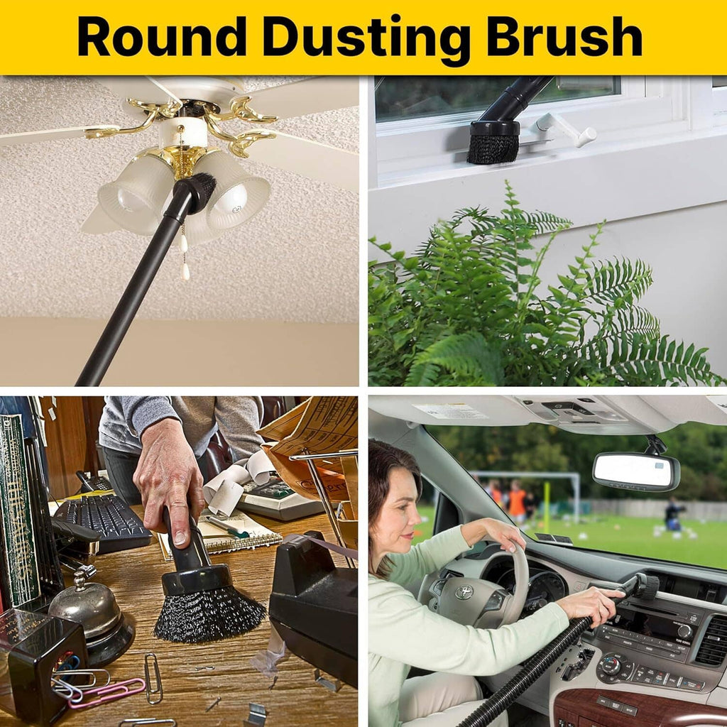 Black round dusting brush nozzle with dense bristles on a short angled handle.