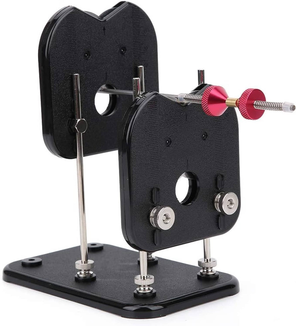 RC prop balancer tool with black plastic frame, metal spin shaft, and mounting base