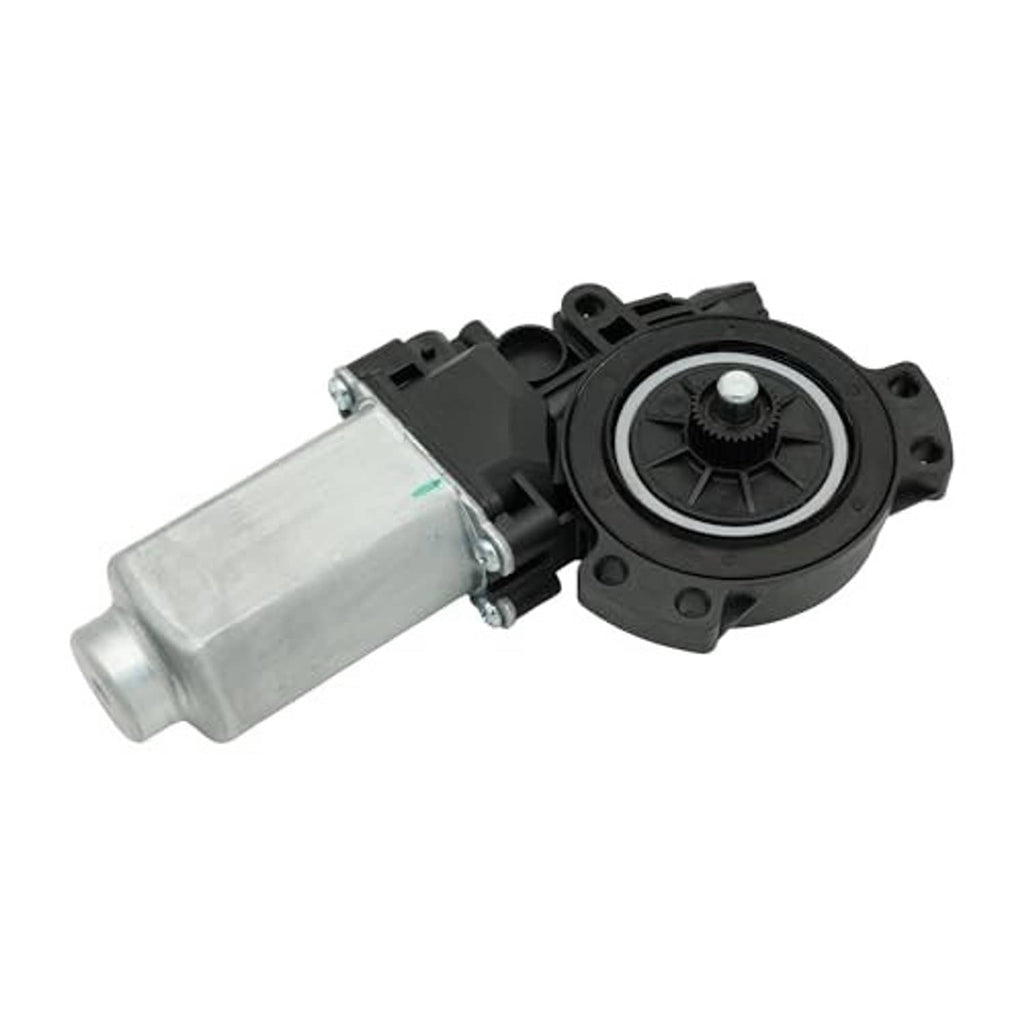 Power window motor with black gear housing and silver actuator cylinder, side view