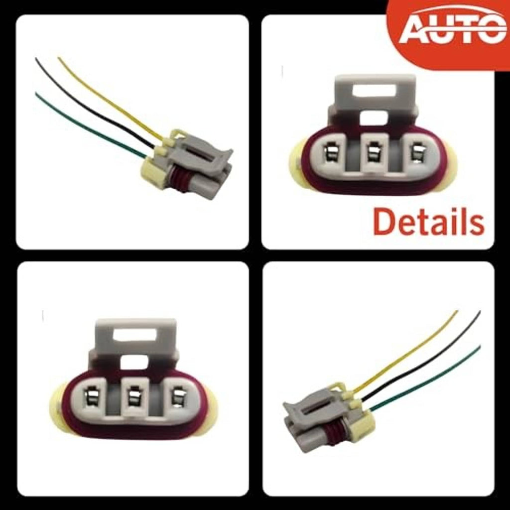 Wiring harness connector set collage showing gray plugs, three-pin socket, colored wires