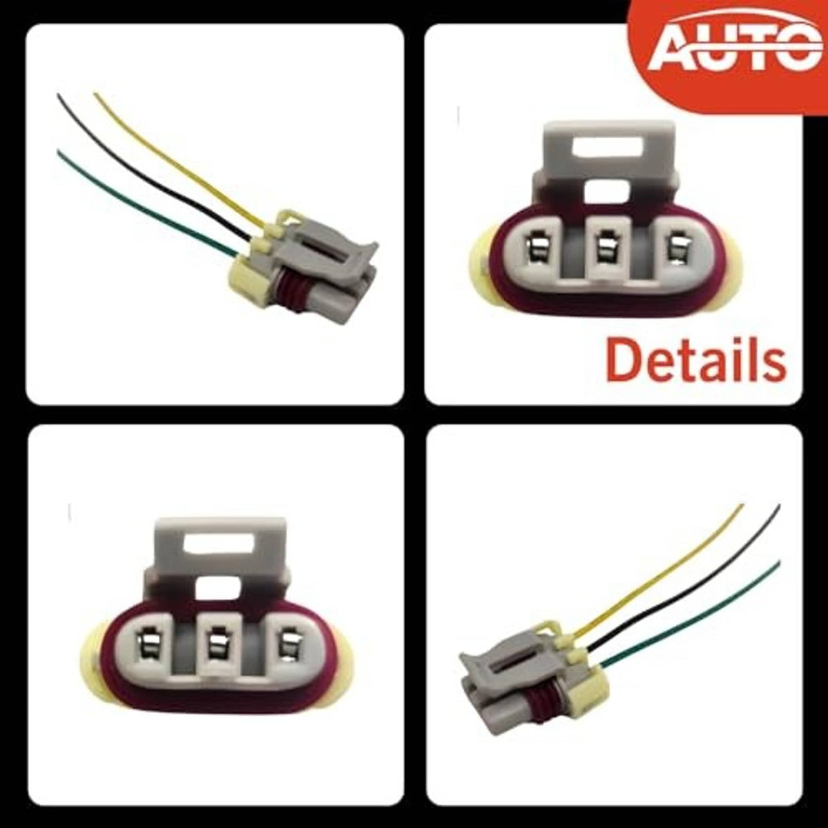 Wiring harness connector set collage showing gray plugs, three-pin socket, colored wires