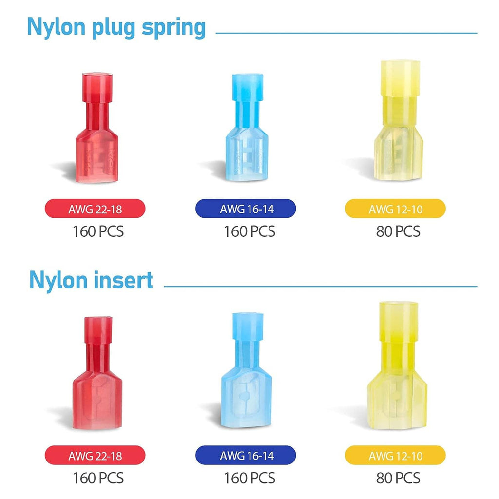 Nylon plug and insert connector parts in red blue and yellow, color size chart