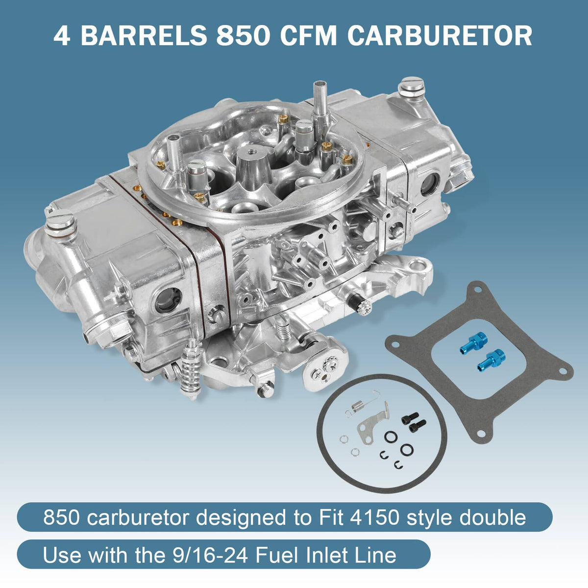 4-barrel 850 CFM carburetor with side ports and included gasket kit, angled view