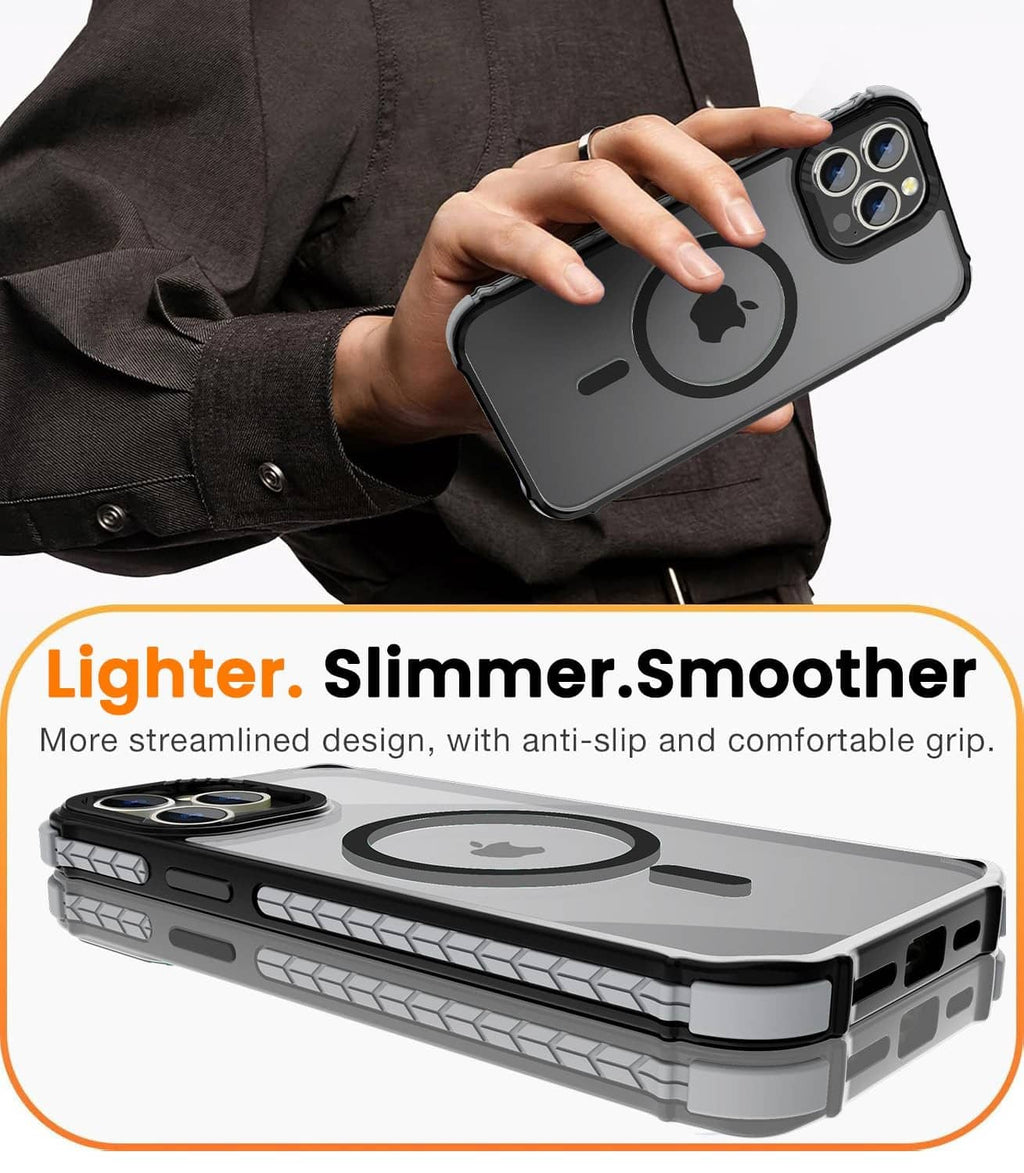 Black phone case held in hand with MagSafe ring and textured side bumper