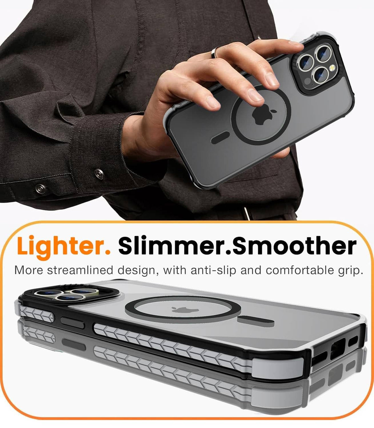 Black phone case held in hand with MagSafe ring and textured side bumper