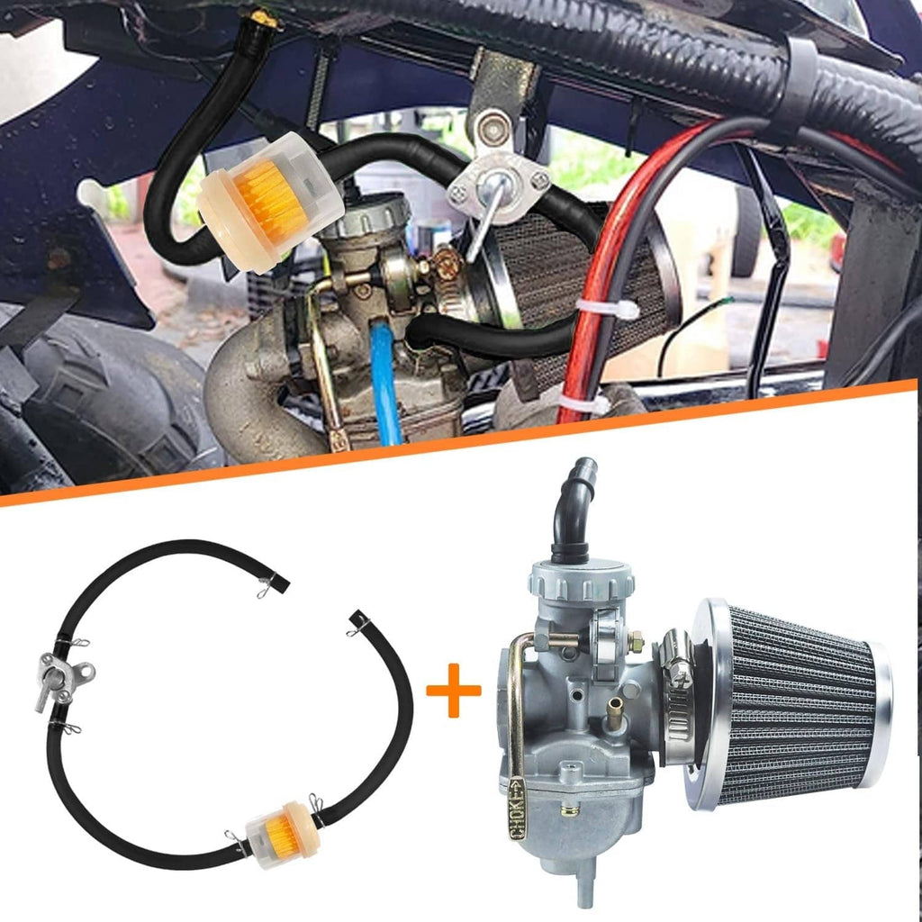 Installed carburetor with black fuel hoses and cone air filter on ATV engine