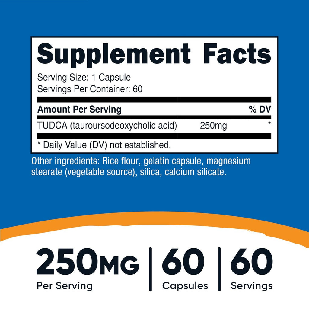 Supplement Facts panel showing TUDCA 250 mg per serving, 60 capsules