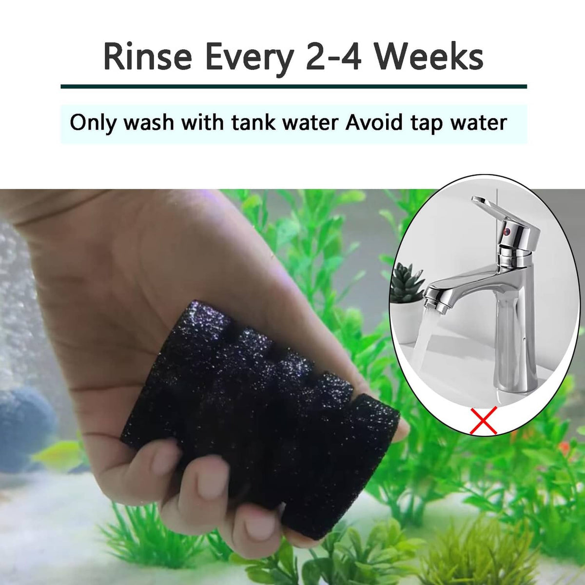 Foam sponge filter cartridge being rinsed by hand, black sponge piece