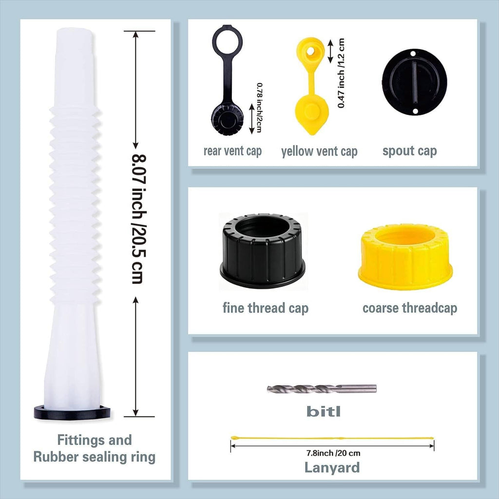 Nozzle fittings set with vent caps, spout cap, rubber ring, lanyard, and bit