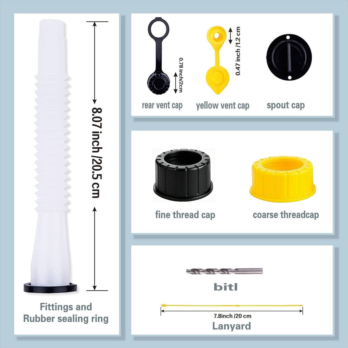 Nozzle fittings set with vent caps, spout cap, rubber ring, lanyard, and bit