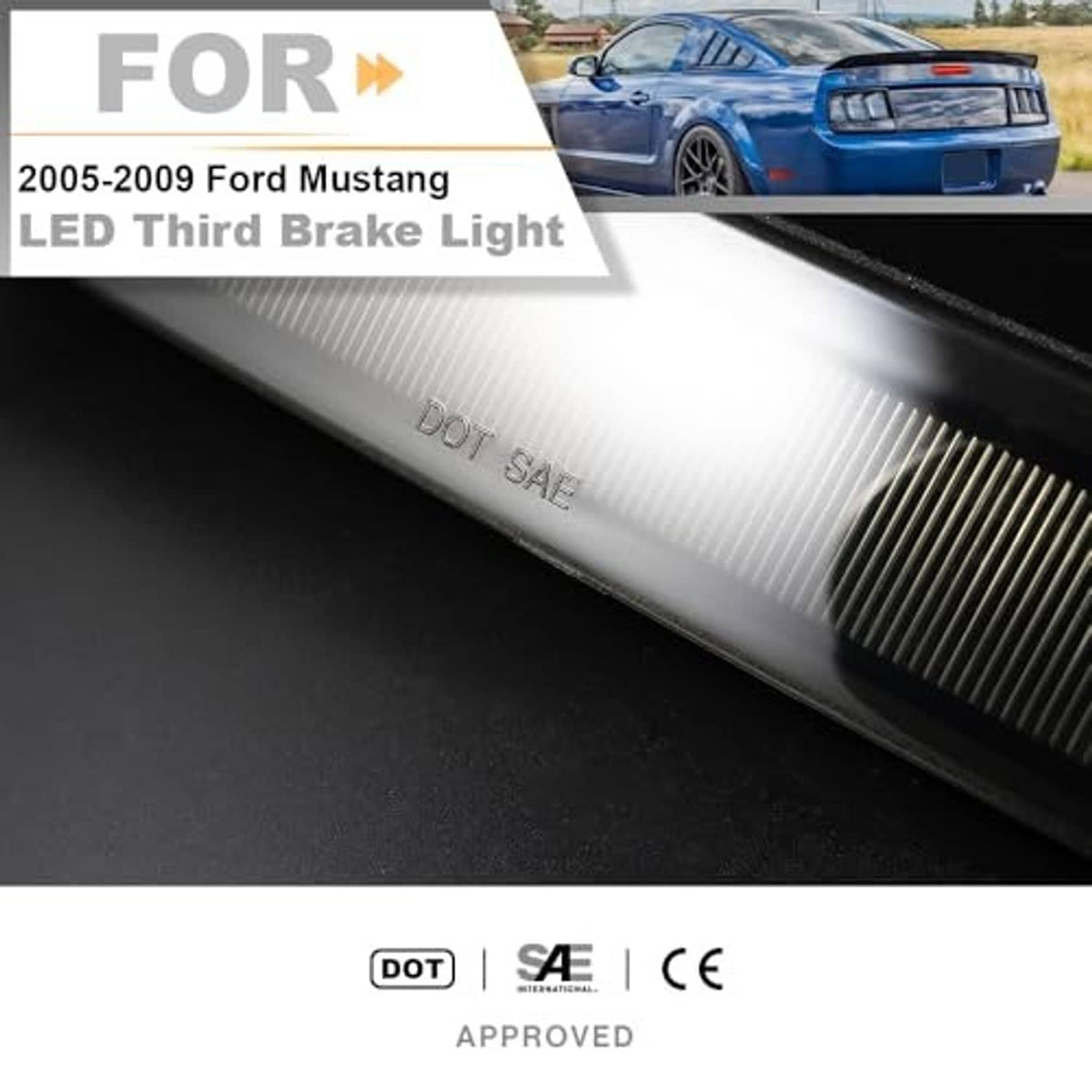 Close-up smoked LED third brake light lens with LED light bar detailing