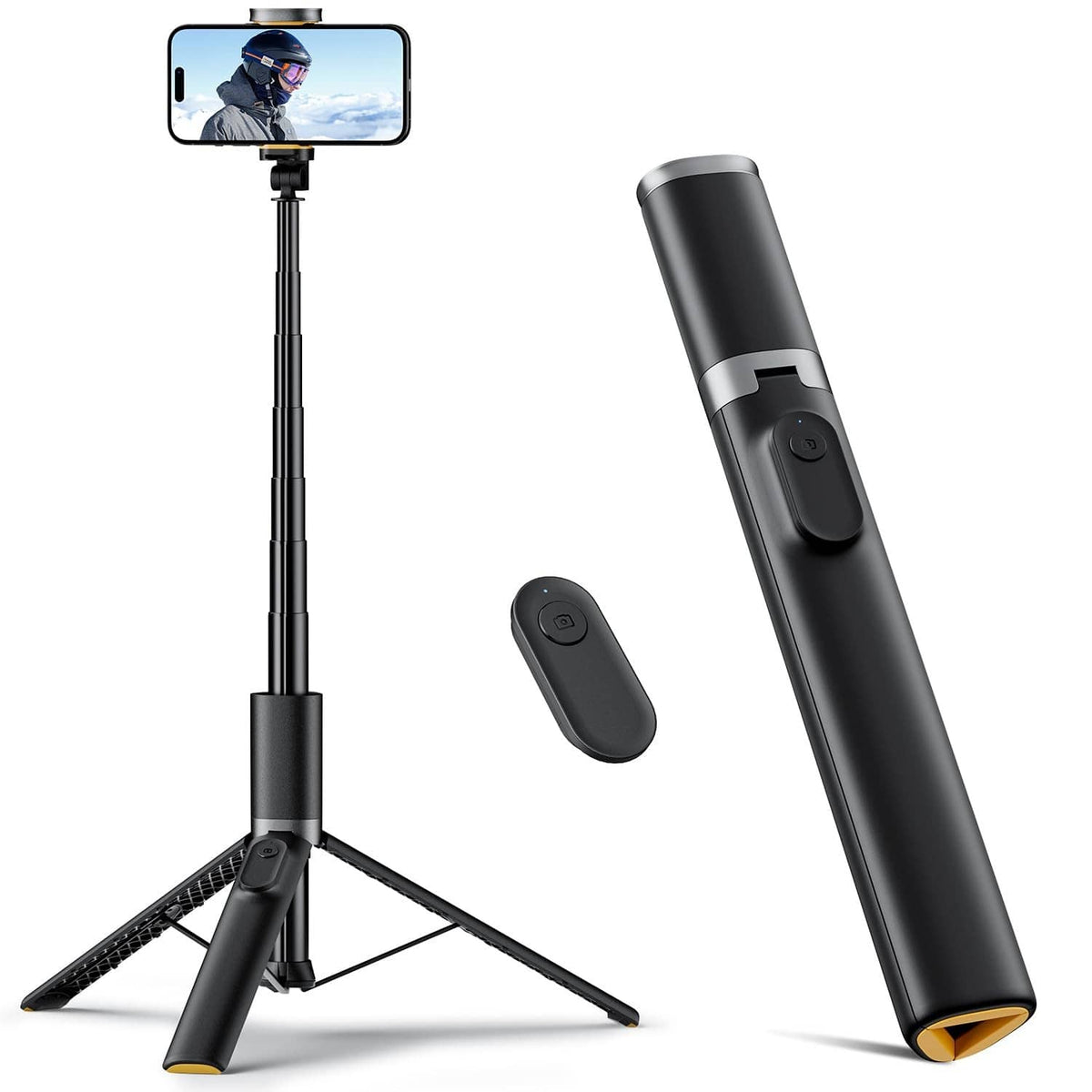Black cell phone selfie stick tripod with phone clamp and wireless remote, tripod base