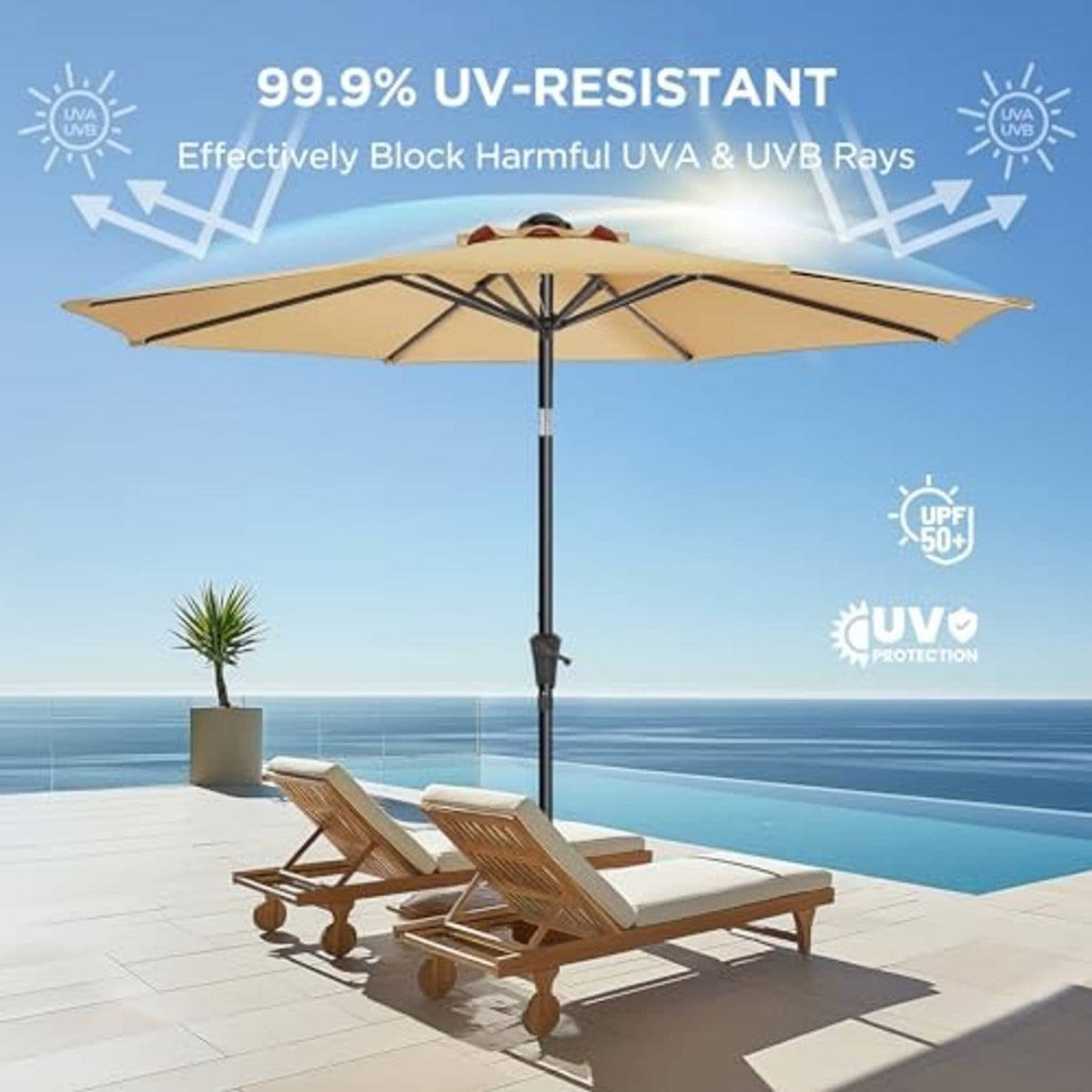 Beige patio umbrella with open canopy and dark central pole