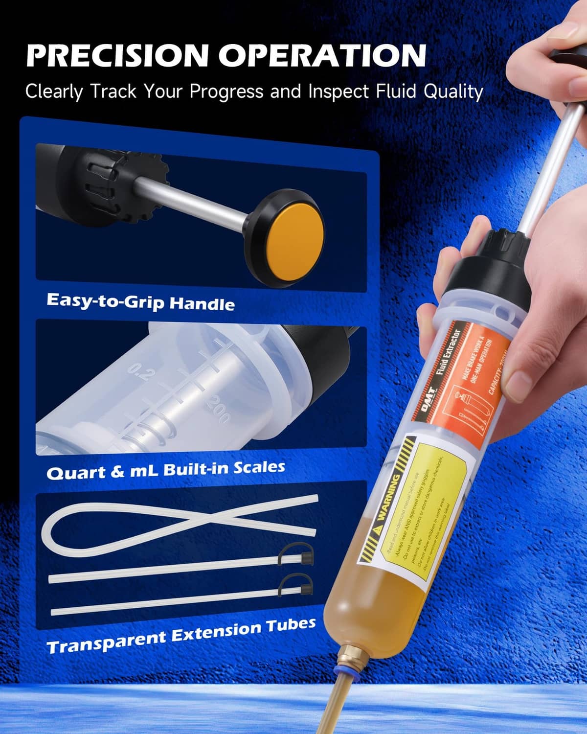 Manual fluid extractor and filler with gripped handle, clear extension tube, and orange label