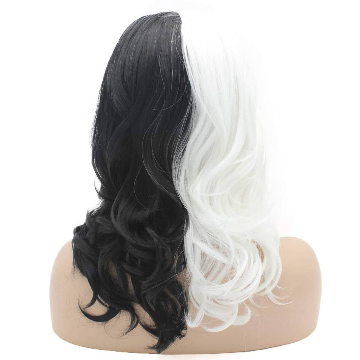 Two-tone wavy wig, half black half white, wavy layers, back view