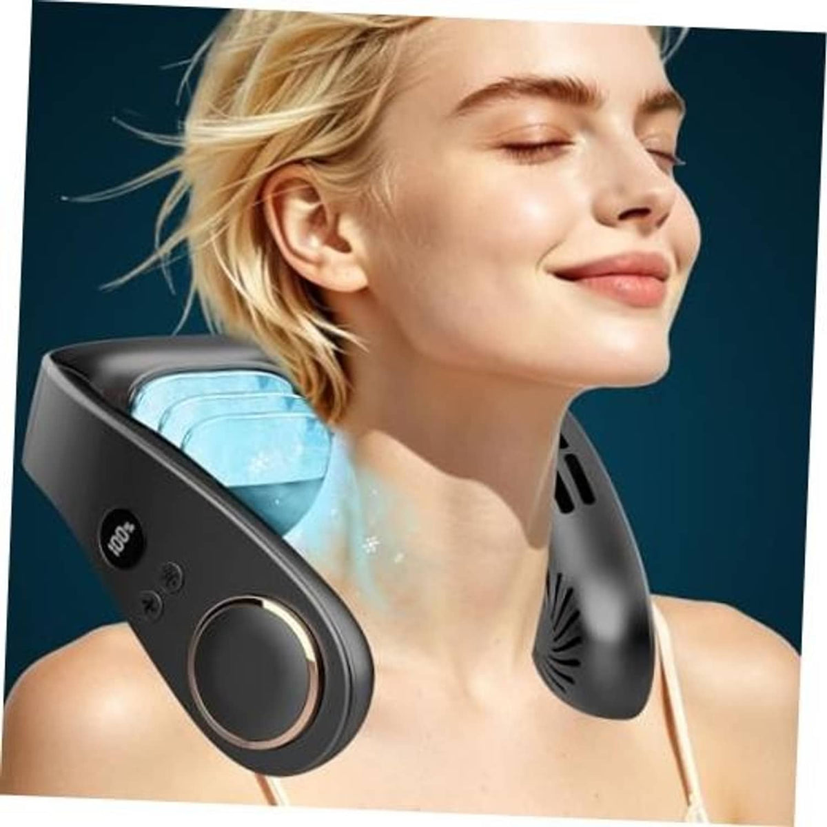 Black neck fan with cooling plate, worn at the collar with vented side openings