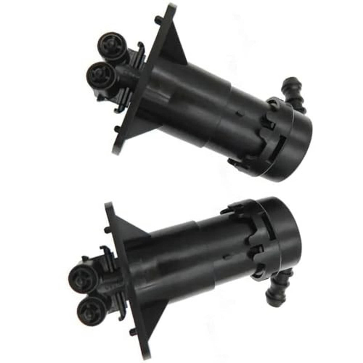 Black headlight washer nozzle jet sprayer assembly, angled view with spray nozzles