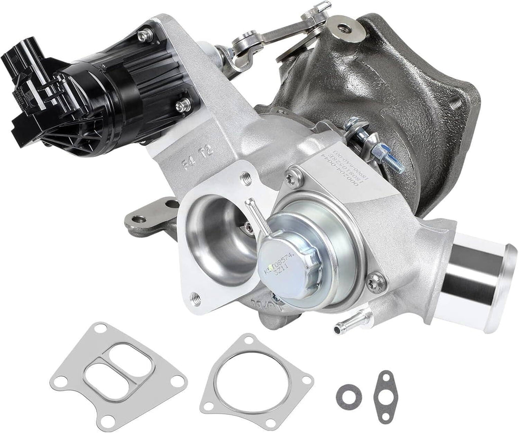 Turbocharger with actuator and intake outlet, silver housing with black compressor housing