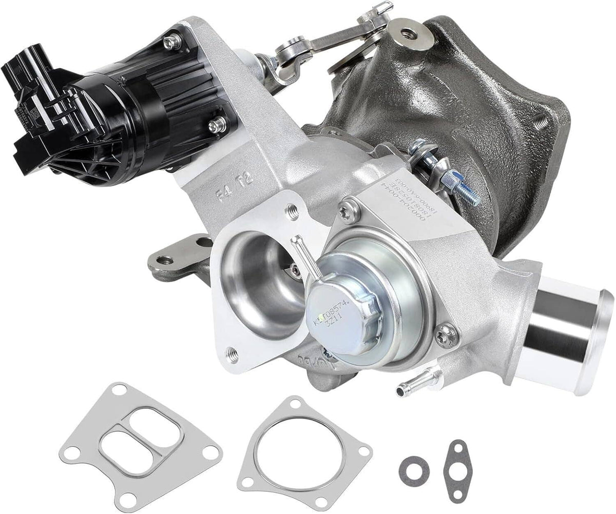 Turbocharger with actuator and intake outlet, silver housing with black compressor housing