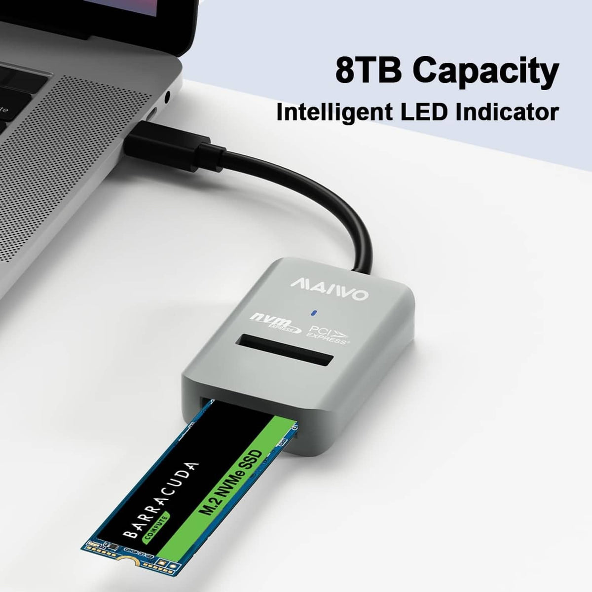Grey M.2 NVMe adapter with built-in LED indicator and USB-C cable