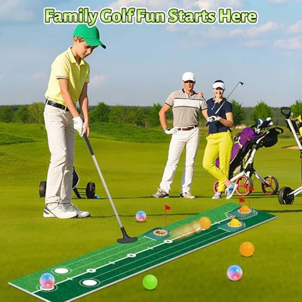 Outdoor family golf putting mat set with green course, flags, and light-up balls