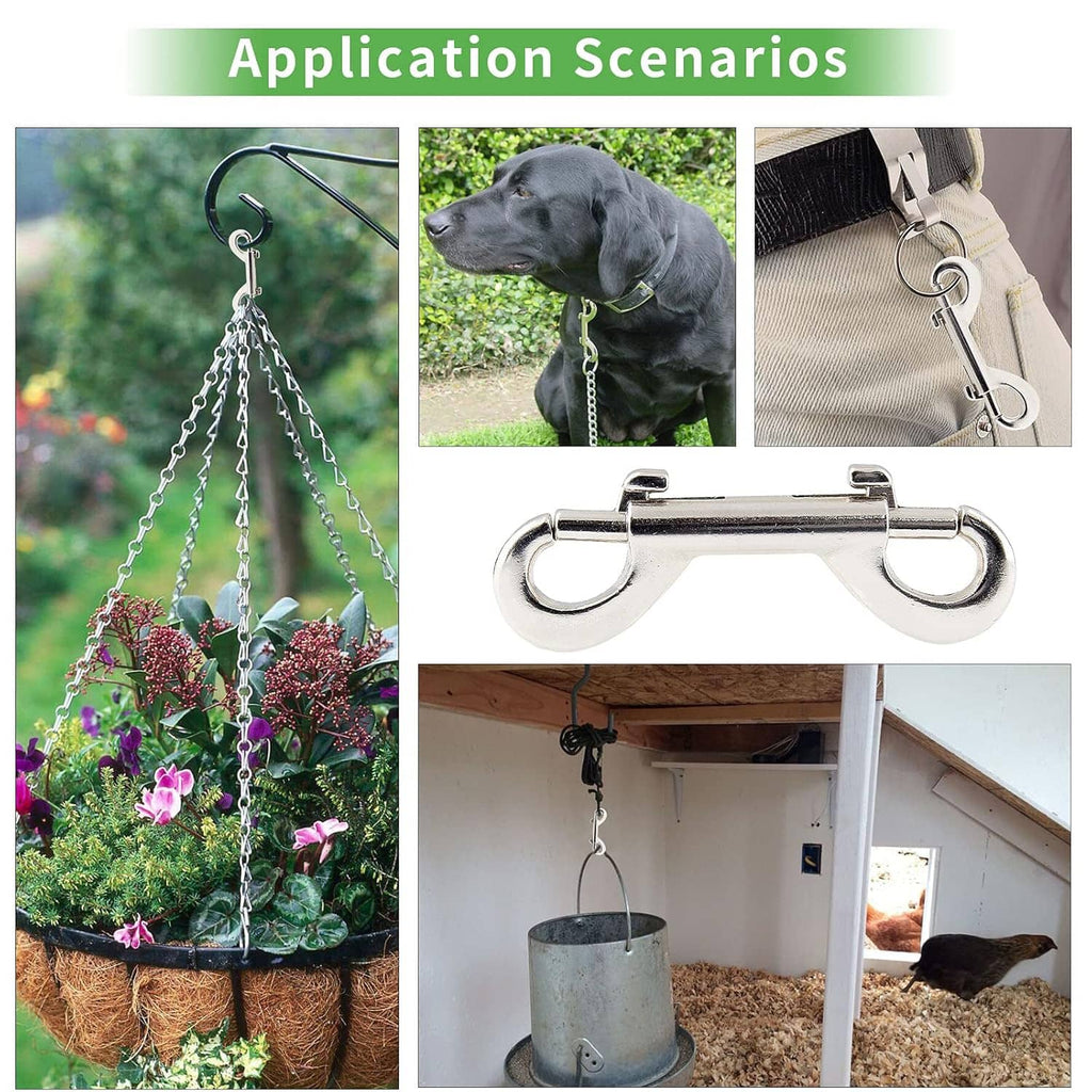 Silver double-ended snap hook with chain links for hanging and attaching