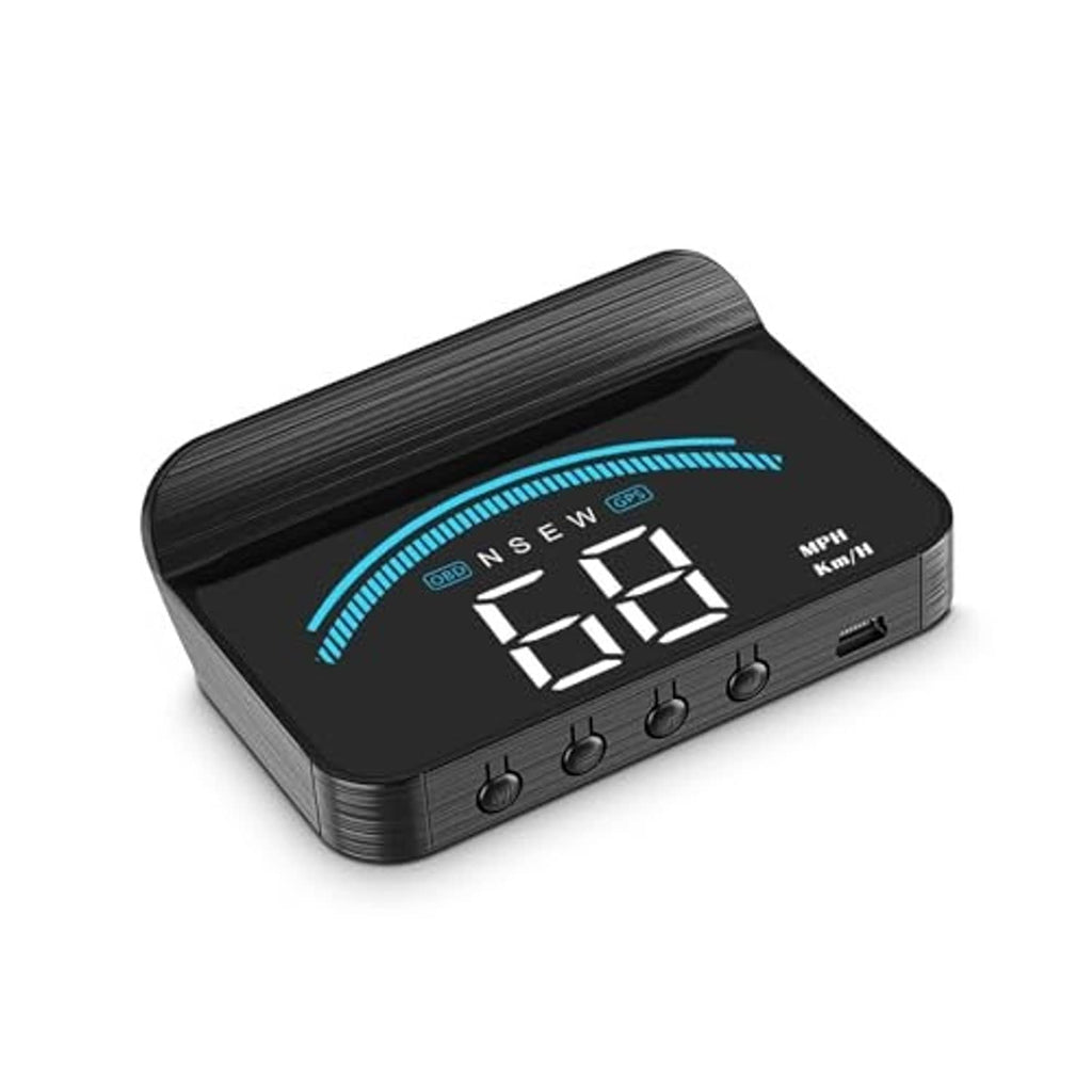Black car heads-up display with blue arc and digital speed screen, front view