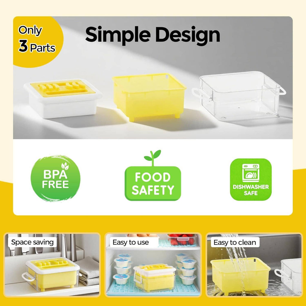 Tofu press kit with three parts: yellow plate, clear container, and white base.