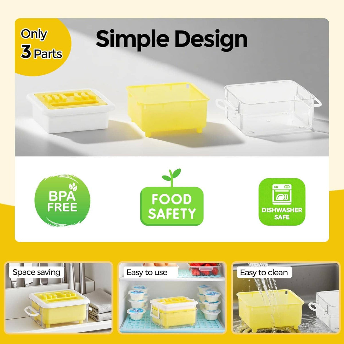 Tofu press kit with three parts: yellow plate, clear container, and white base.