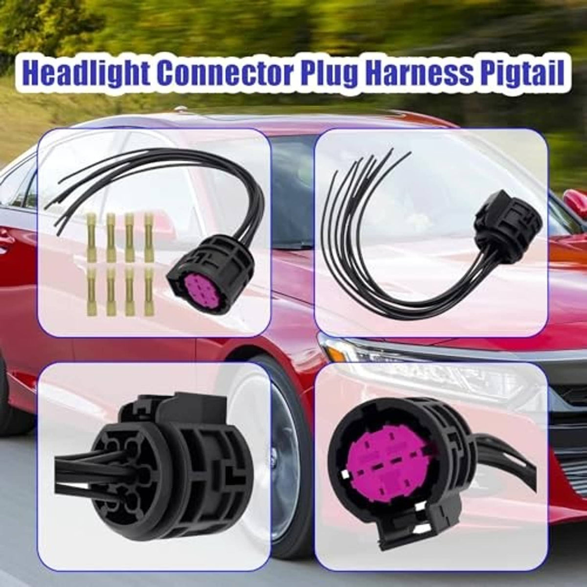 Headlight connector pigtail harness kit with black wires, purple connector, and yellow terminals