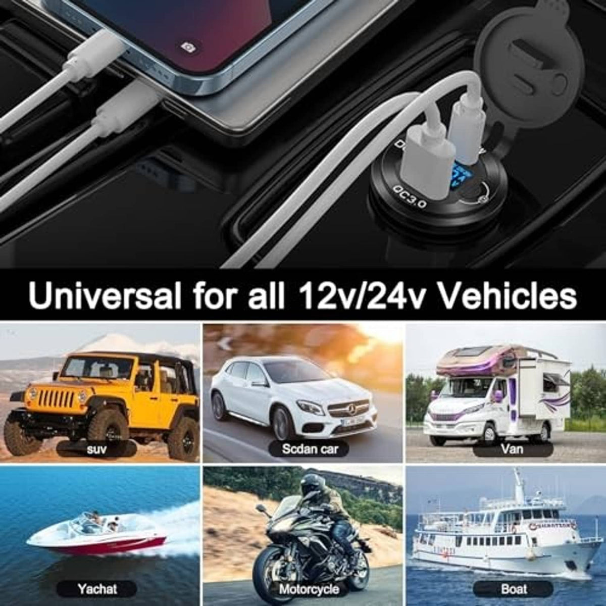 12V car USB-C charger with QC 3.0, plugged in to power devices in vehicles