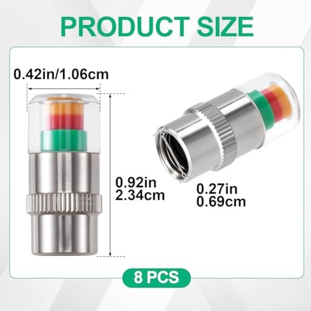 Metal tire valve cap with multicolor indicator ring and ridged grip, angled view