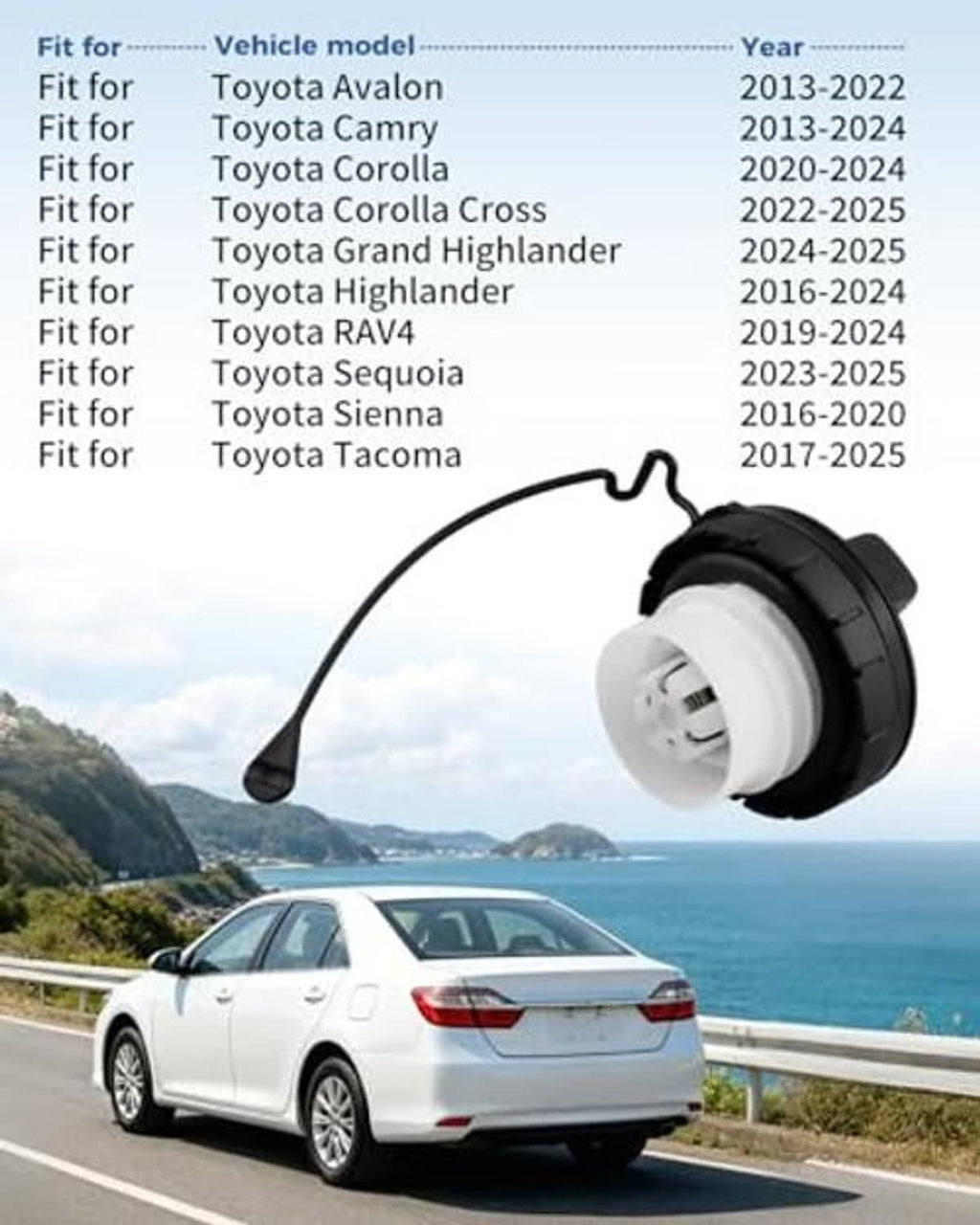 Fuel tank filler cap installed in car fuel door with tether cord attached