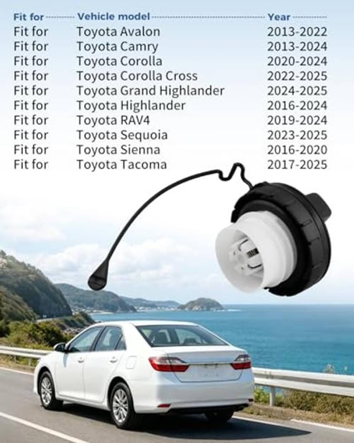 Fuel tank filler cap installed in car fuel door with tether cord attached