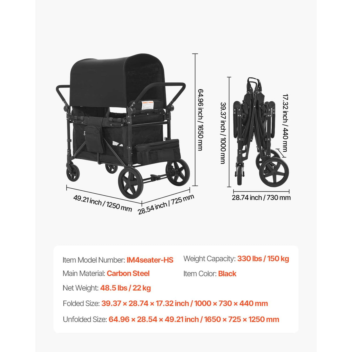 Black 4-seat wagon stroller, folded side view with handles and large wheels