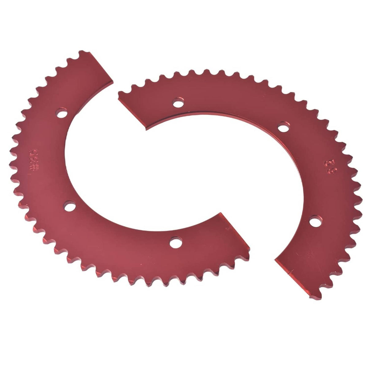 Red split sprocket gear, toothed ring with multiple bolt holes