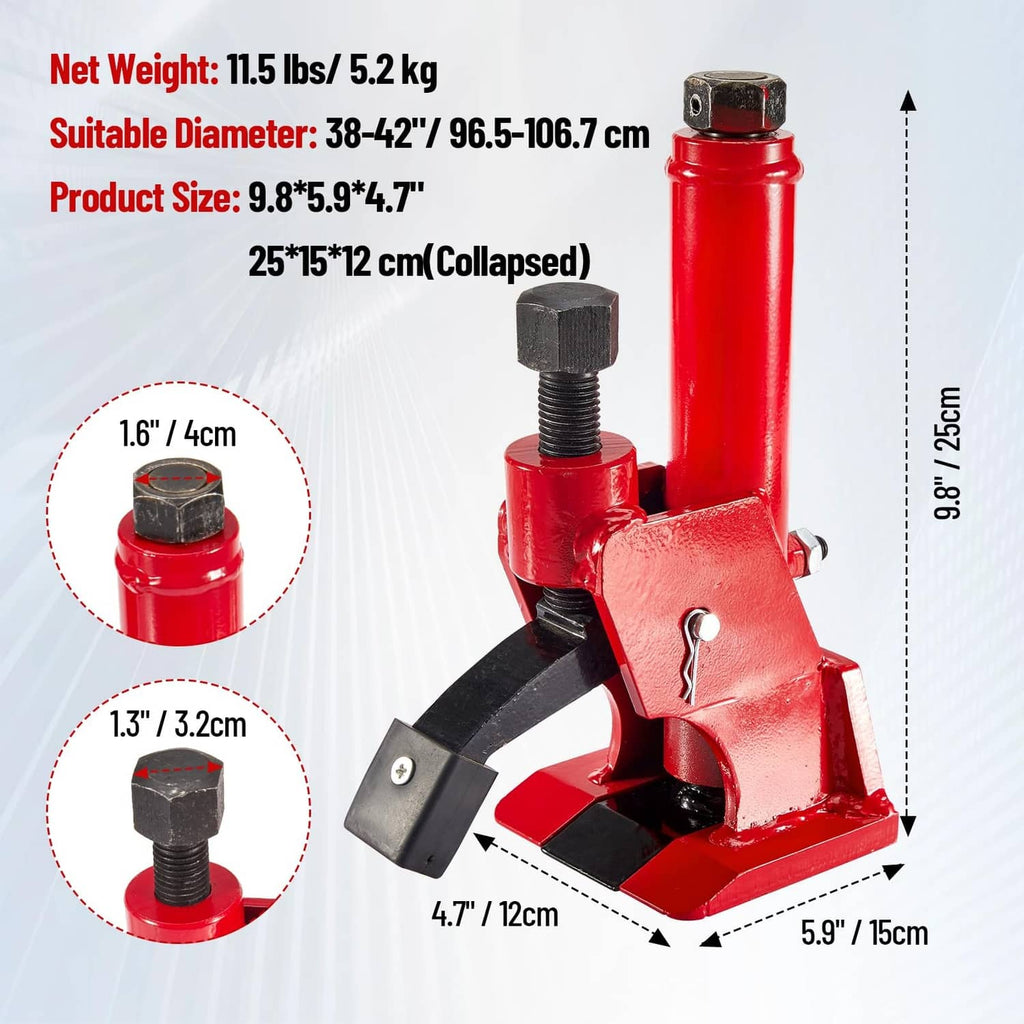 Red tire bead breaker tool with screw post and black wedge base, shown with measurements