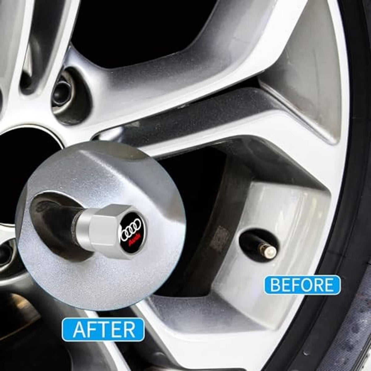 Installed silver metal valve stem cap with Audi logo on wheel rim