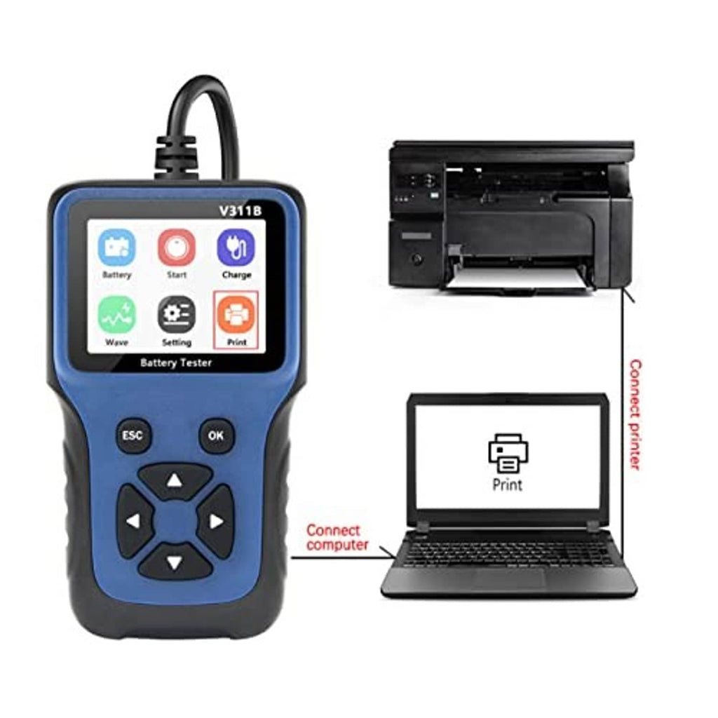12V battery tester paired with printer accessory layout, shown with clamp leads