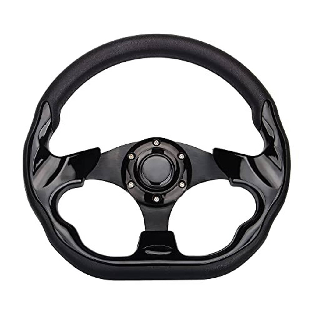 Black D-shape golf cart steering wheel with glossy spokes and round center hub