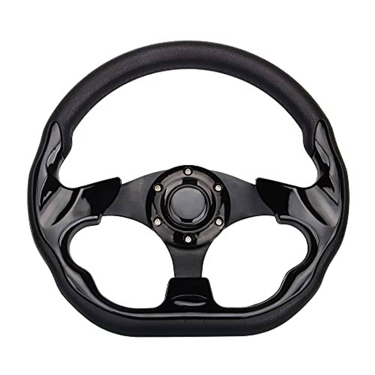 Black D-shape golf cart steering wheel with glossy spokes and round center hub
