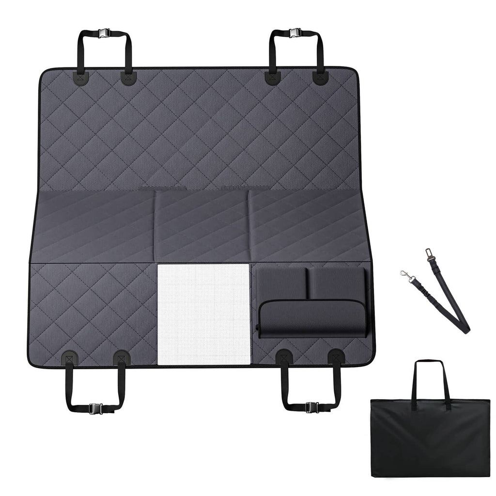 Grey waterproof back seat dog cover with buckles and removable flap plus storage bag